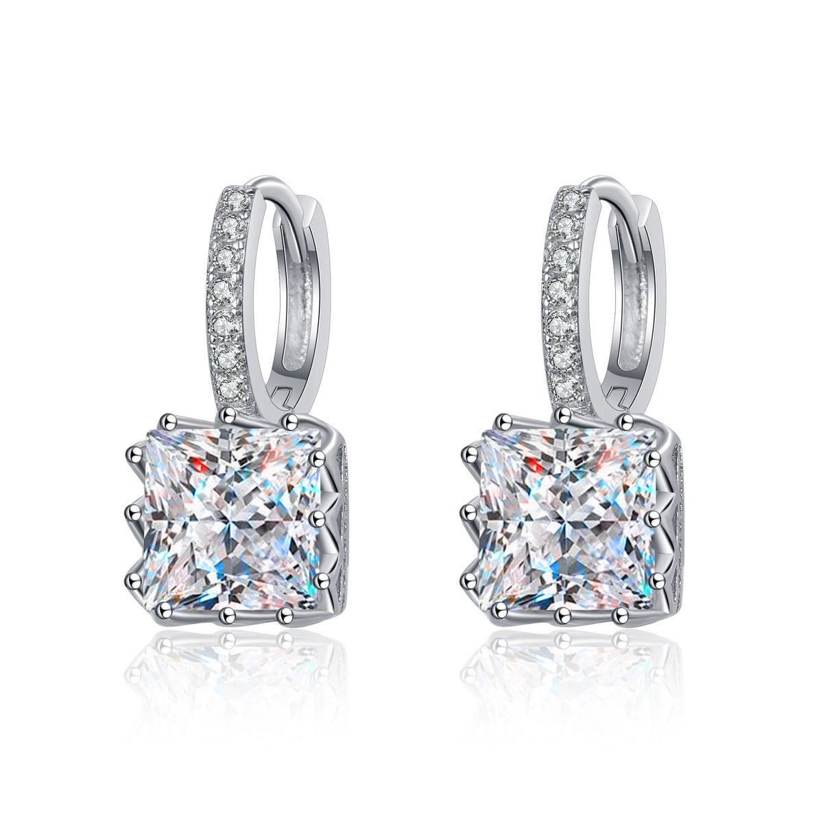 Princess Cut Moissanite Hoop Drop Earrings with CZ in Rhodium-Plated S925 sterling silver white background product photo showing the pair, stone shape, and hoop drop earrings silhouette