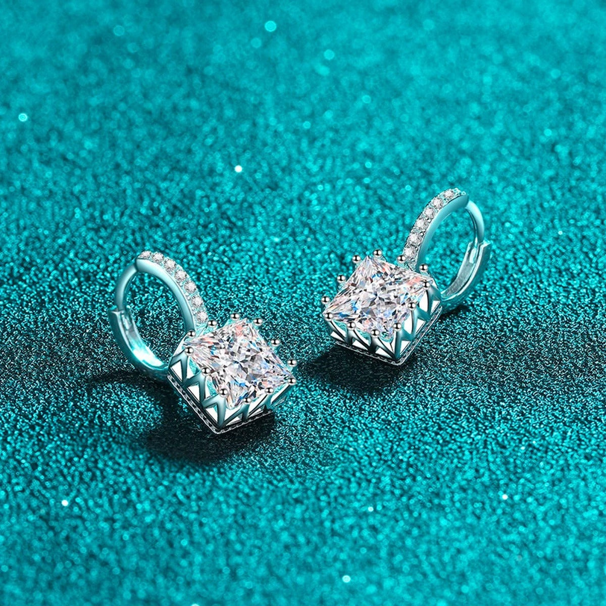 Princess Cut Moissanite Hoop Drop Earrings with CZ in Rhodium-Plated S925 sterling silver product scene view showing front sparkle