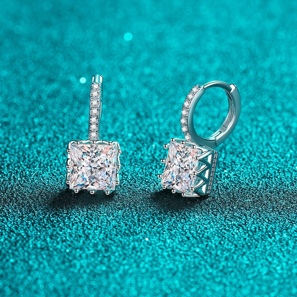 Princess Cut Moissanite Hoop Drop Earrings with CZ in Rhodium-Plated S925 sterling silver product scene view showing angled setting detail
