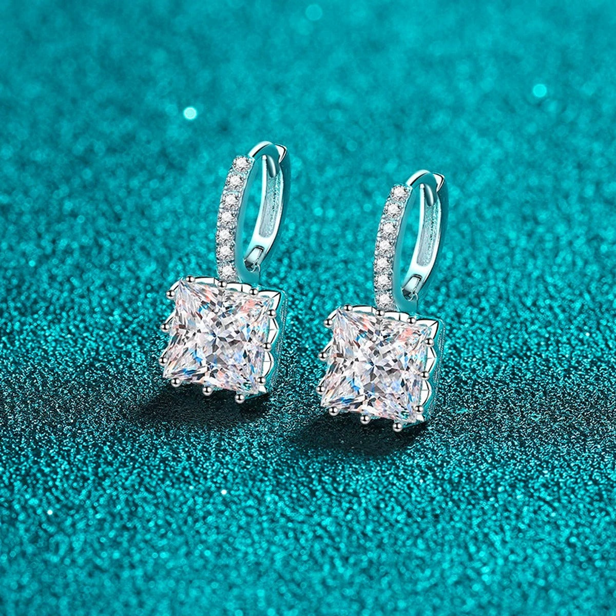 Princess Cut Moissanite Hoop Drop Earrings with CZ in Rhodium-Plated S925 sterling silver product scene view showing side profile