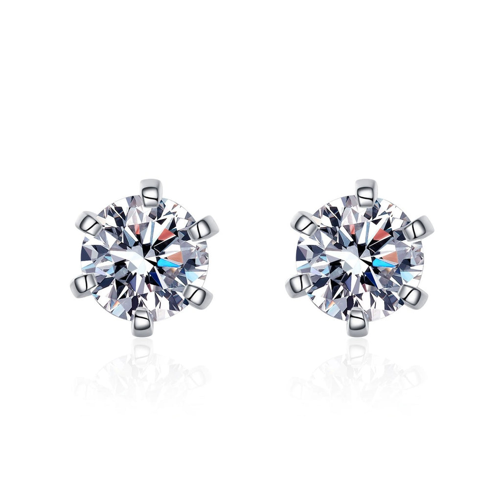Classic Round Moissanite Stud Earrings in Rhodium-Plated S925 sterling silver white background product photo showing the pair, stone shape, and stud earrings silhouette