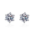 Classic Round Moissanite Stud Earrings in Rhodium-Plated S925 sterling silver white background product photo showing the pair, stone shape, and stud earrings silhouette