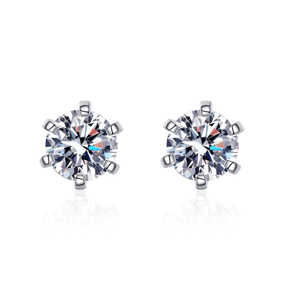 Classic Round Moissanite Stud Earrings in Rhodium-Plated S925 sterling silver white background product photo showing the pair, stone shape, and stud earrings silhouette