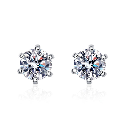 Classic Round Moissanite Stud Earrings in Rhodium-Plated S925 sterling silver white background product photo showing the pair, stone shape, and stud earrings silhouette