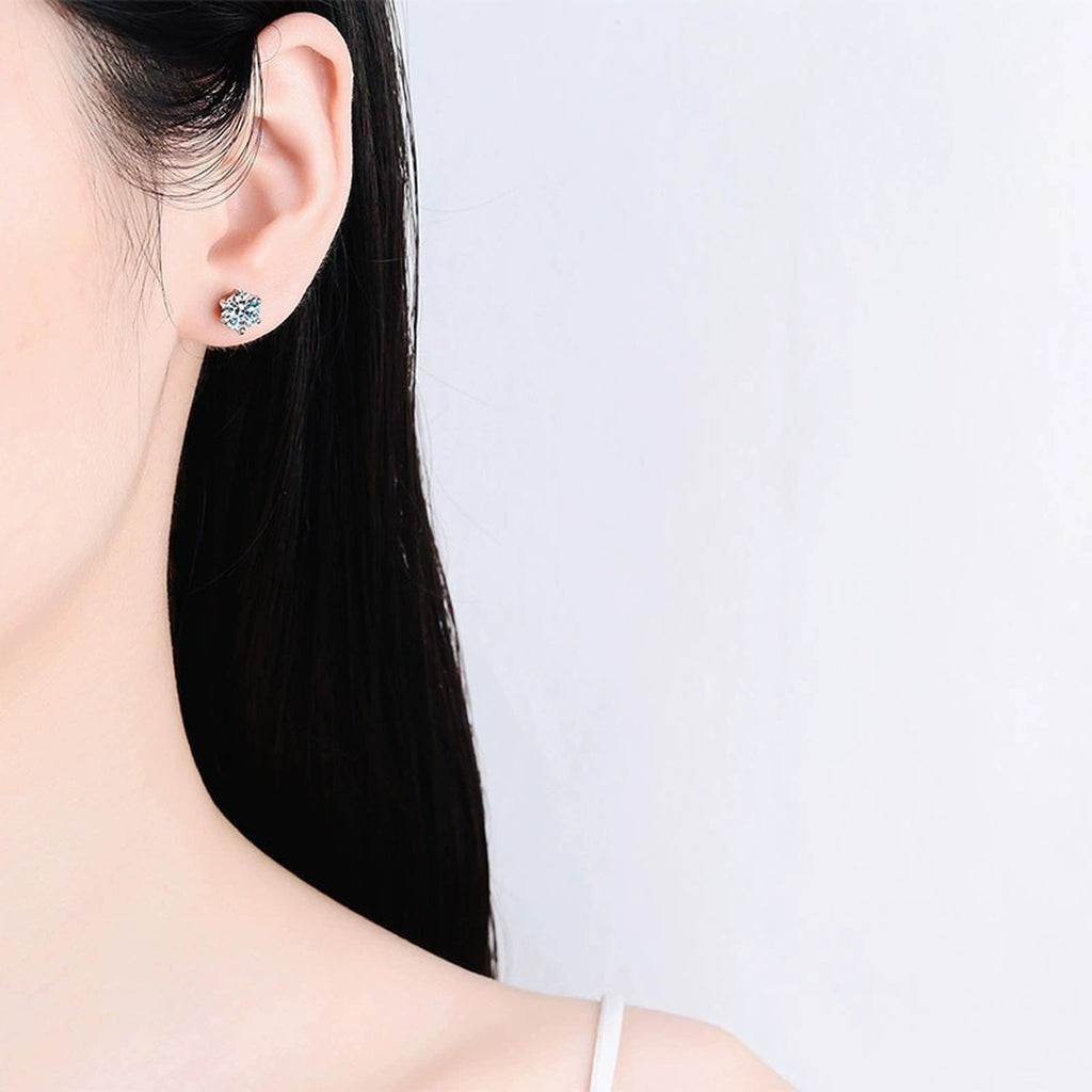Classic Round Moissanite Stud Earrings in Rhodium-Plated S925 sterling silver worn on ear by model showing scale, placement, and stud earrings styling