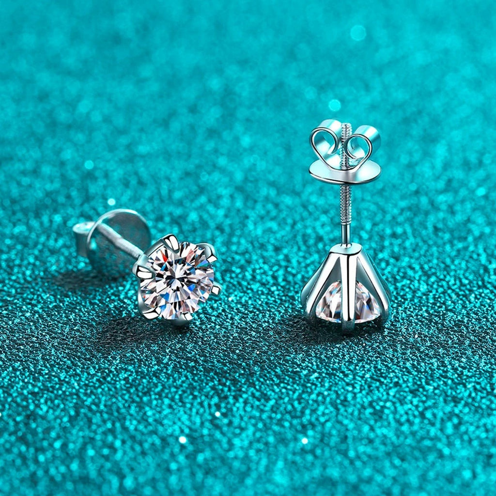 Classic Round Moissanite Stud Earrings in Rhodium-Plated S925 sterling silver product scene view showing front sparkle