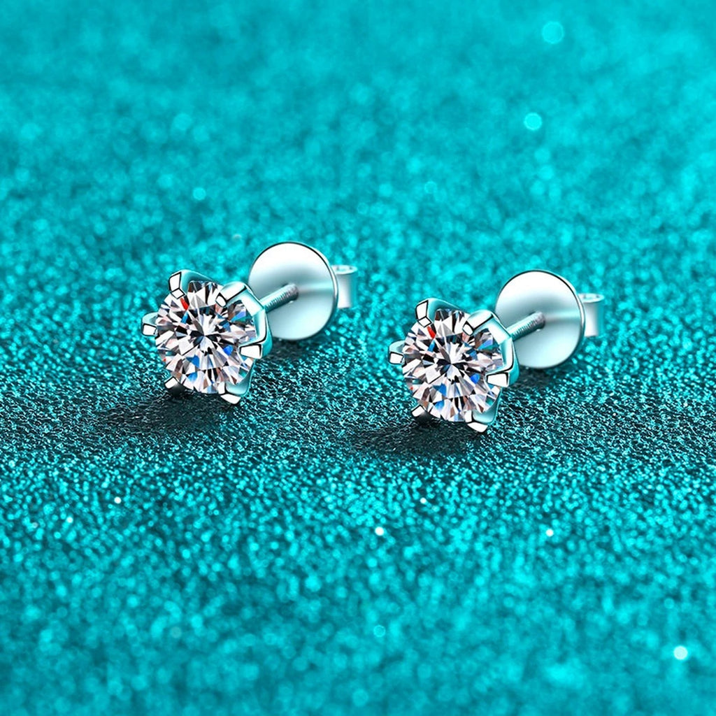 Classic Round Moissanite Stud Earrings in Rhodium-Plated S925 sterling silver product scene view showing angled setting detail