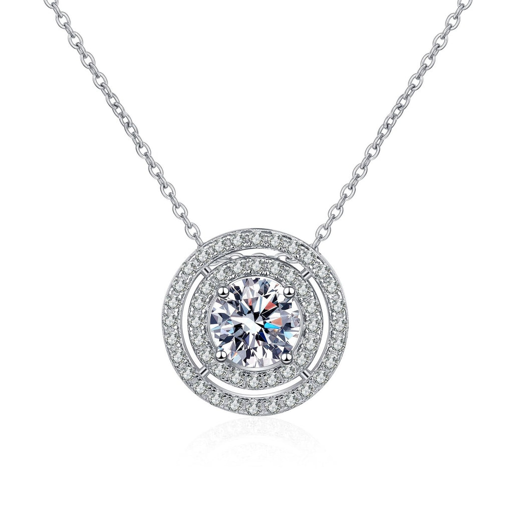 Double Halo Moissanite Pendant Necklace with CZ in Rhodium-Plated S925 sterling silver white background product photo showing round double halo pendant with selectable moissanite center sizes