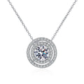 Double Halo Moissanite Pendant Necklace with CZ in Rhodium-Plated S925 sterling silver white background product photo showing round double halo pendant with selectable moissanite center sizes