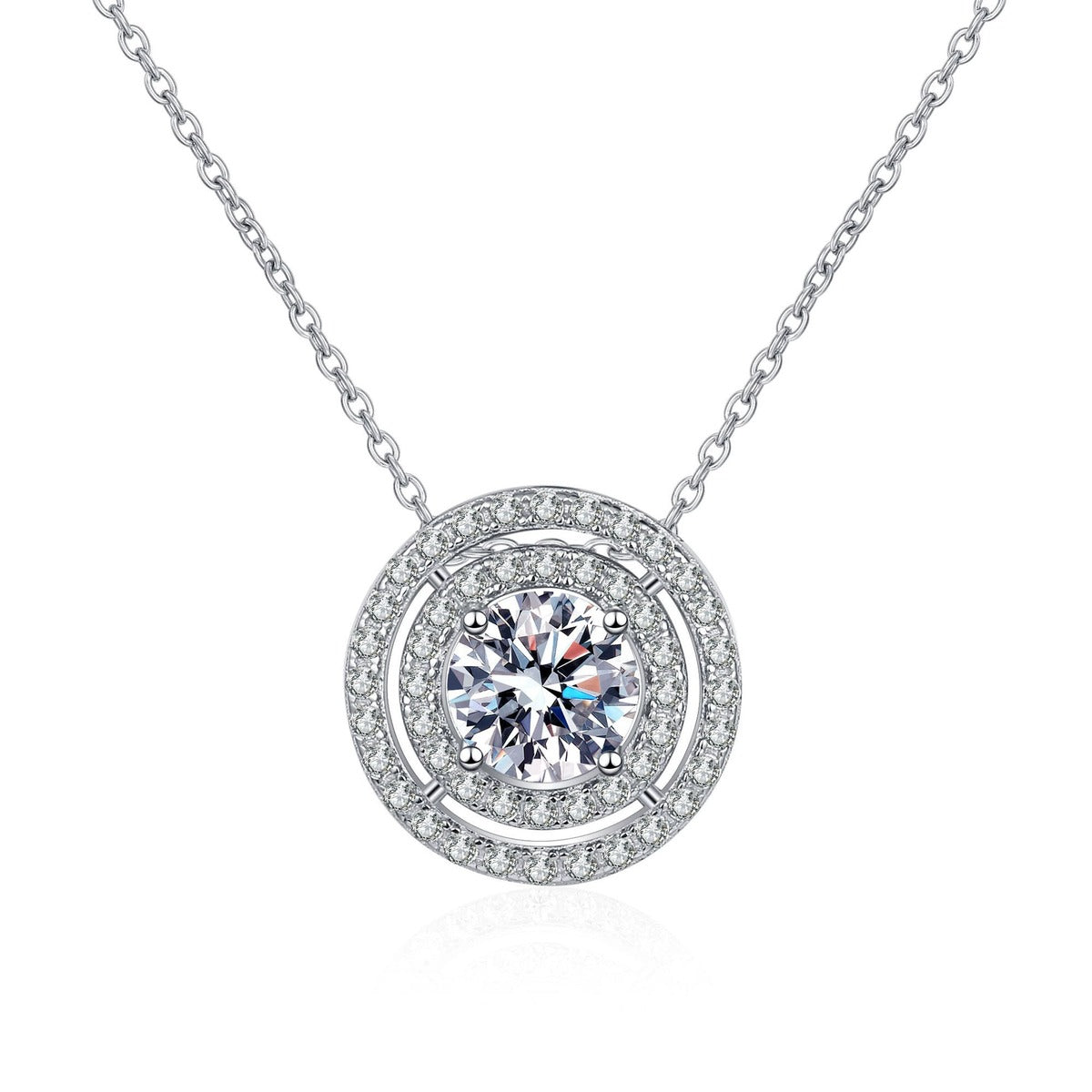 Double Halo Moissanite Pendant Necklace with CZ in Rhodium-Plated S925 sterling silver white background product photo showing round double halo pendant with selectable moissanite center sizes