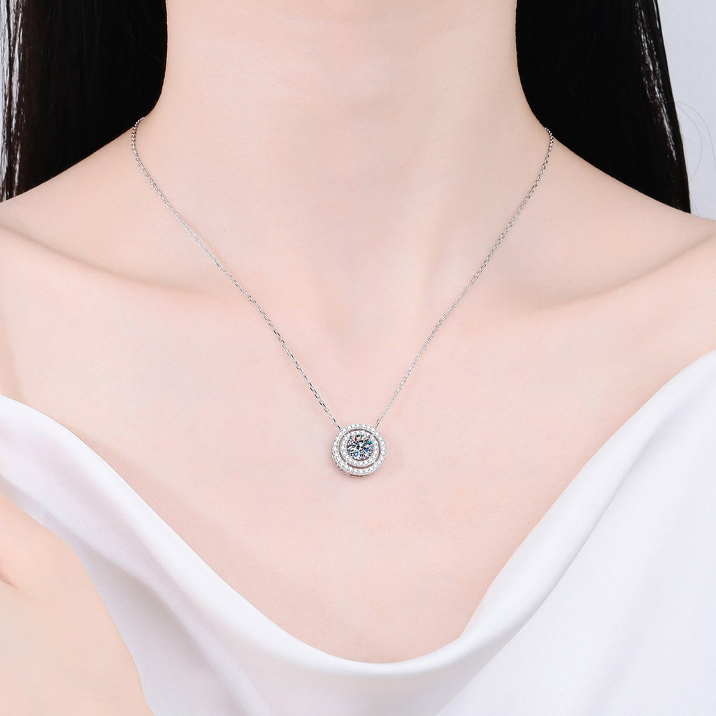 Double Halo Moissanite Pendant Necklace with CZ in Rhodium-Plated S925 sterling silver neckline model view showing pendant scale and adjustable chain