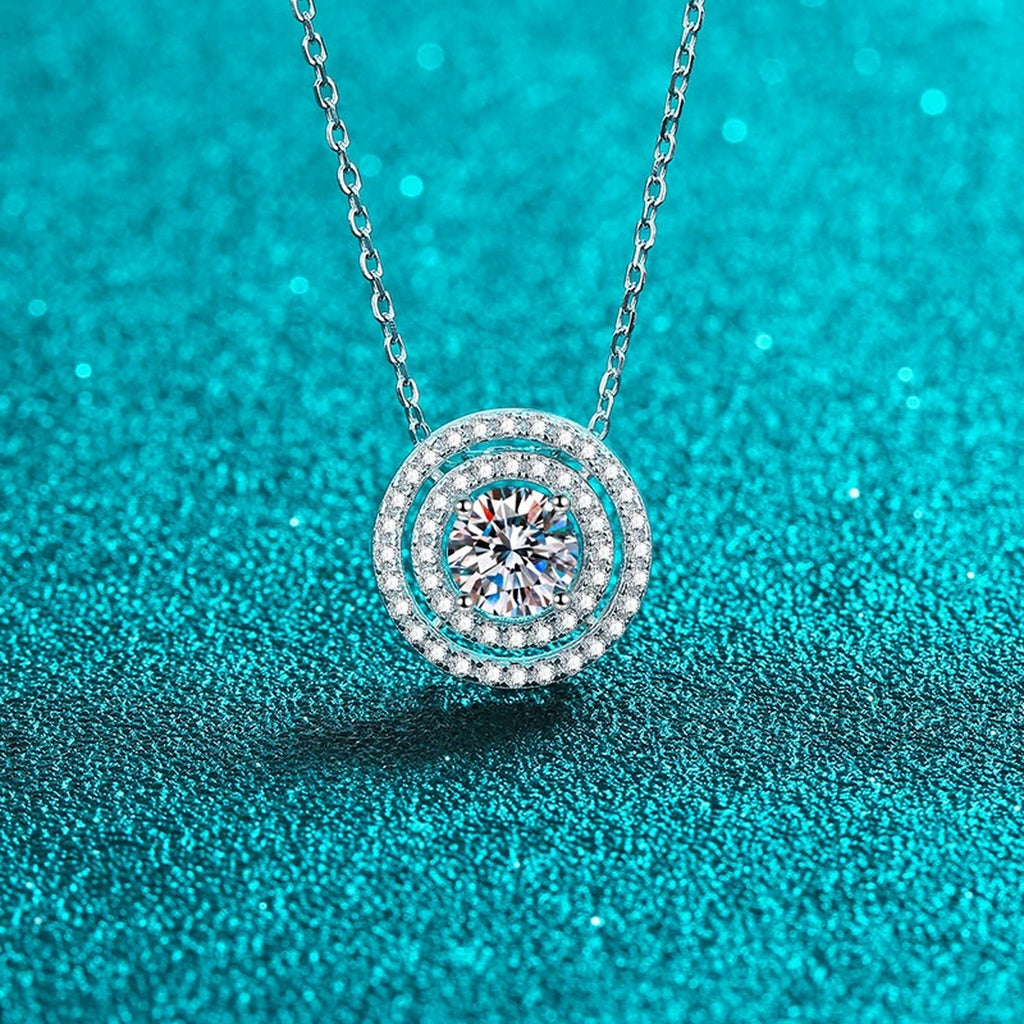 Double Halo Moissanite Pendant Necklace with CZ in Rhodium-Plated S925 sterling silver close-up product scene showing pendant setting