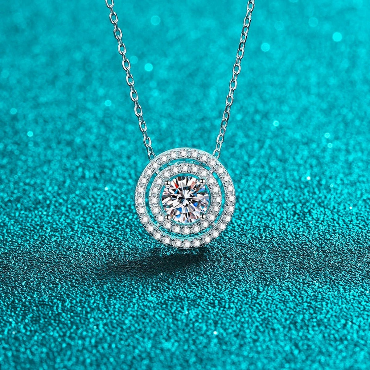 Double Halo Moissanite Pendant Necklace with CZ in Rhodium-Plated S925 sterling silver close-up product scene showing pendant setting