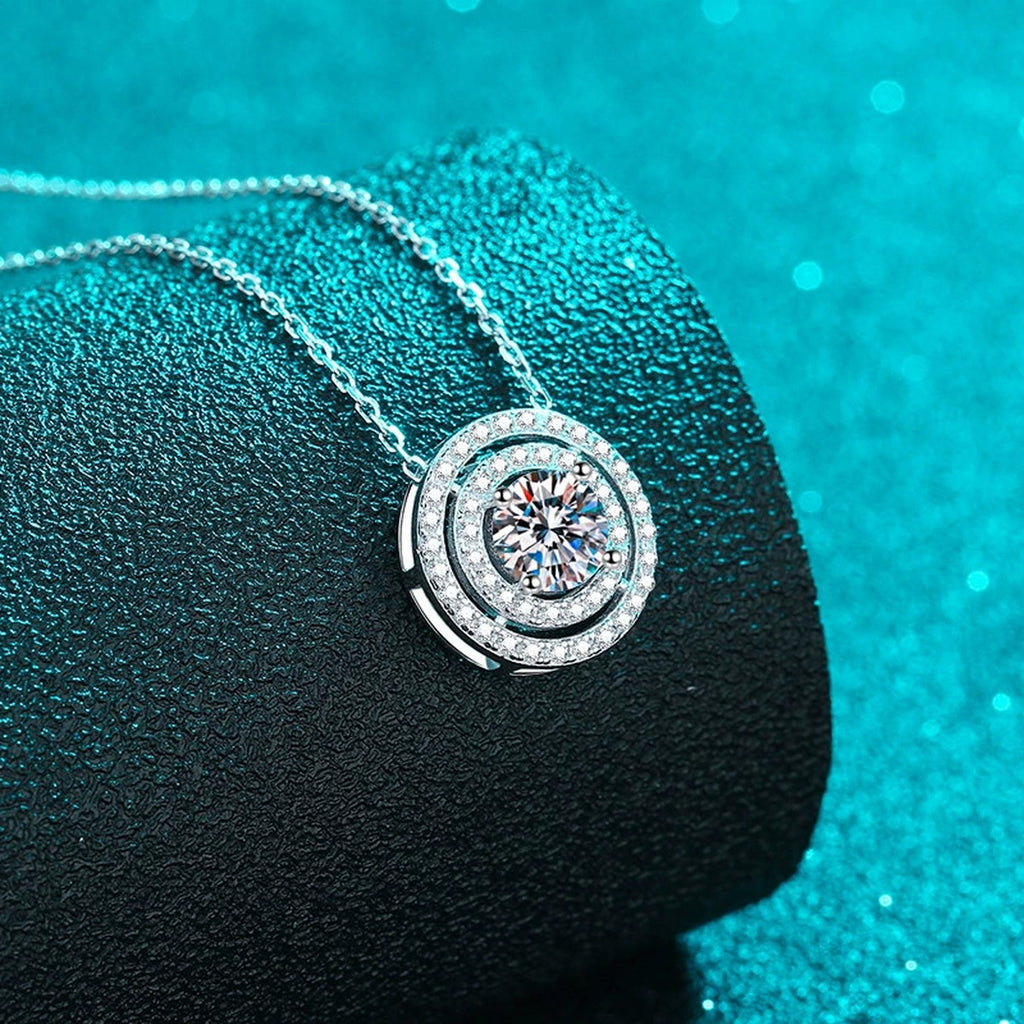 Double Halo Moissanite Pendant Necklace with CZ in Rhodium-Plated S925 sterling silver blue display scene showing chain and stone layout