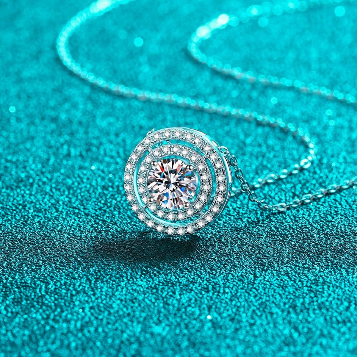 Double Halo Moissanite Pendant Necklace with CZ in Rhodium-Plated S925 sterling silver angled product detail view