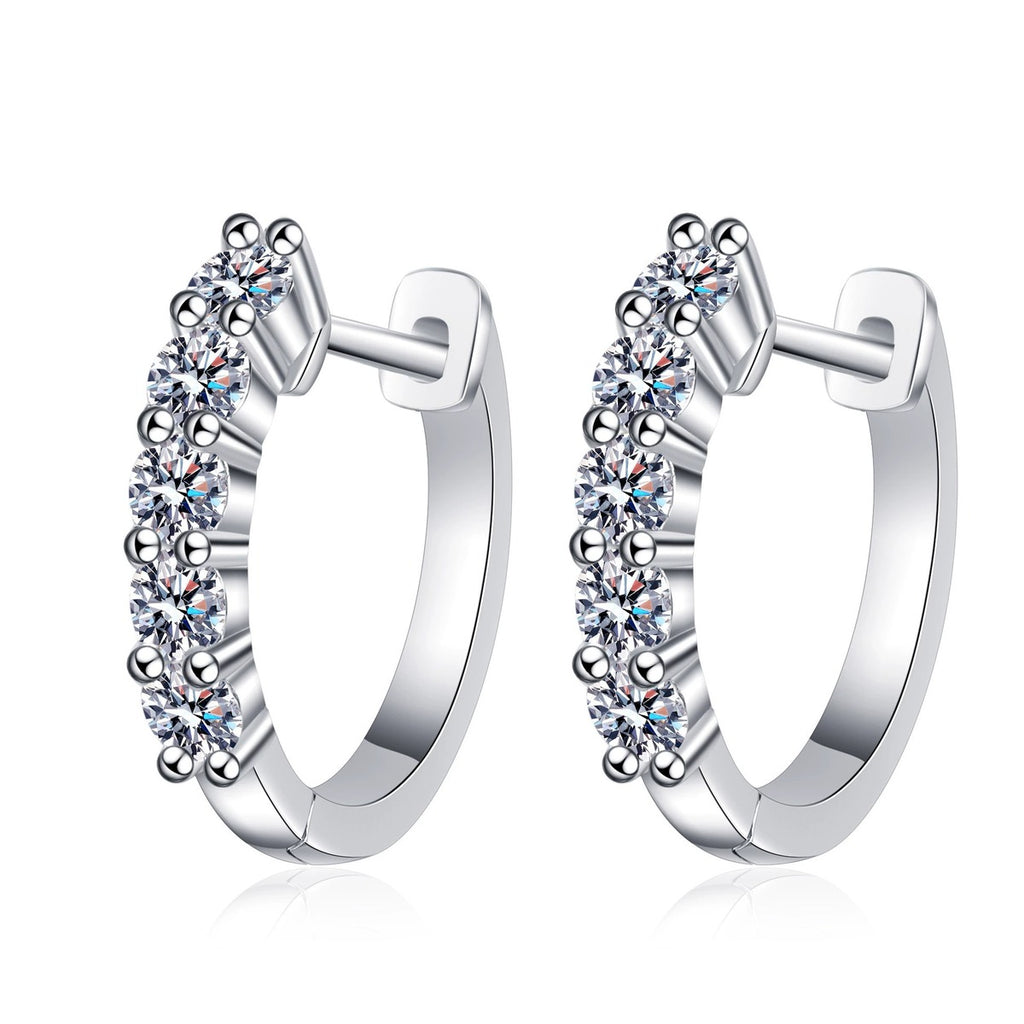 Pave Moissanite Hoop Earrings in Rhodium-Plated S925 sterling silver white background product photo showing the pair, stone shape, and hoop earrings silhouette
