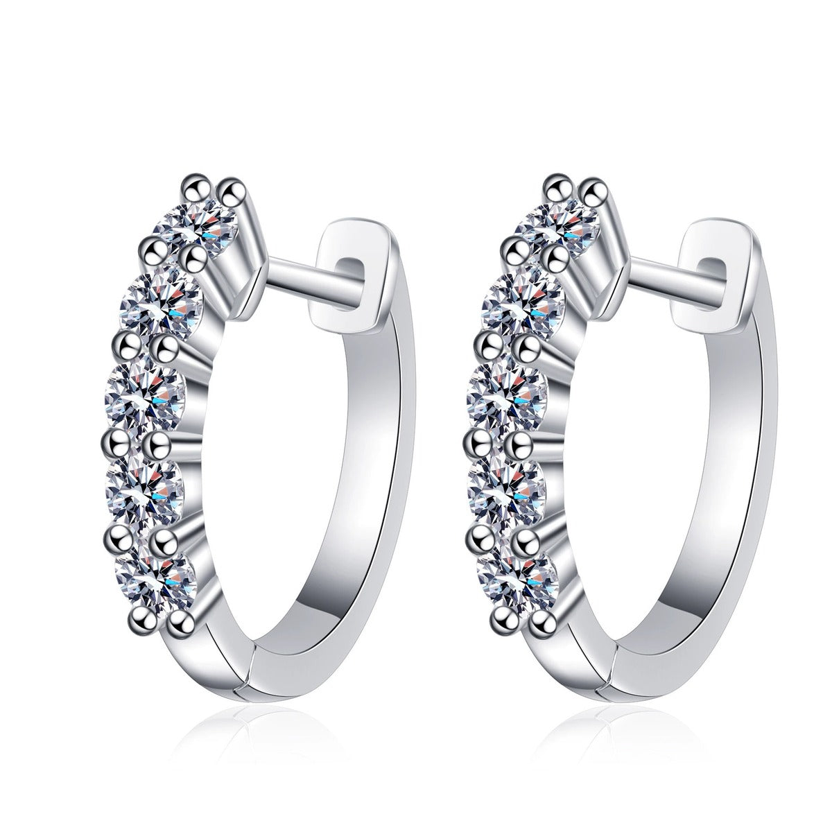 Pave Moissanite Hoop Earrings in Rhodium-Plated S925 sterling silver white background product photo showing the pair, stone shape, and hoop earrings silhouette