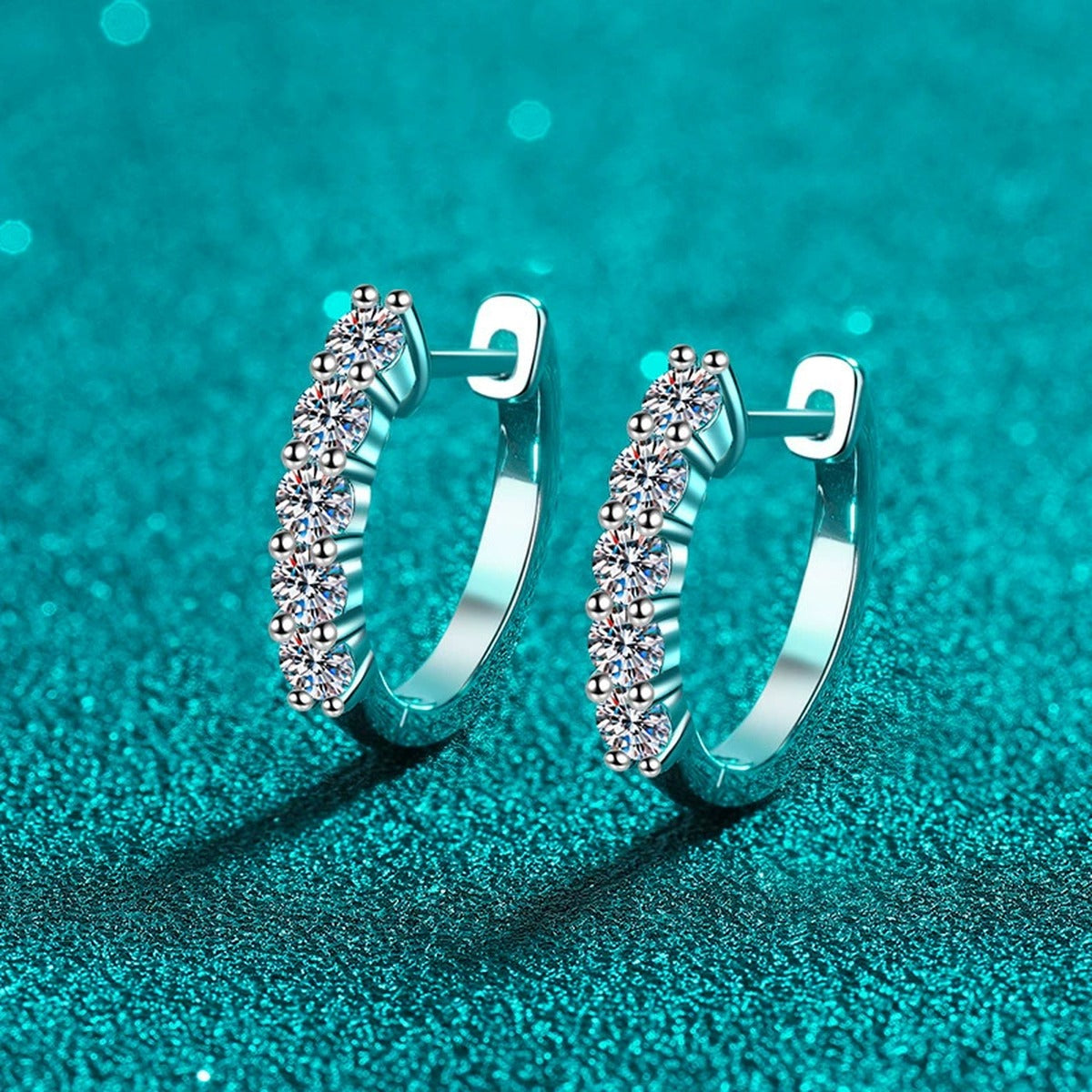 Pave Moissanite Hoop Earrings in Rhodium-Plated S925 sterling silver product scene view showing front sparkle