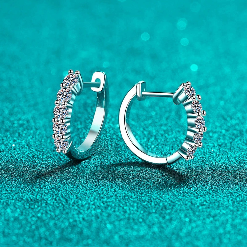 Pave Moissanite Hoop Earrings in Rhodium-Plated S925 sterling silver product scene view showing angled setting detail