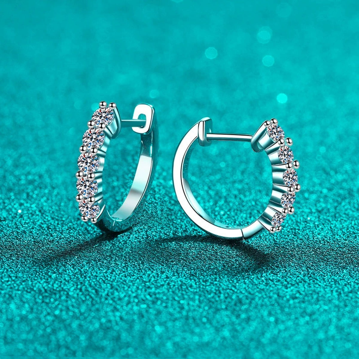 Pave Moissanite Hoop Earrings in Rhodium-Plated S925 sterling silver product scene view showing angled setting detail