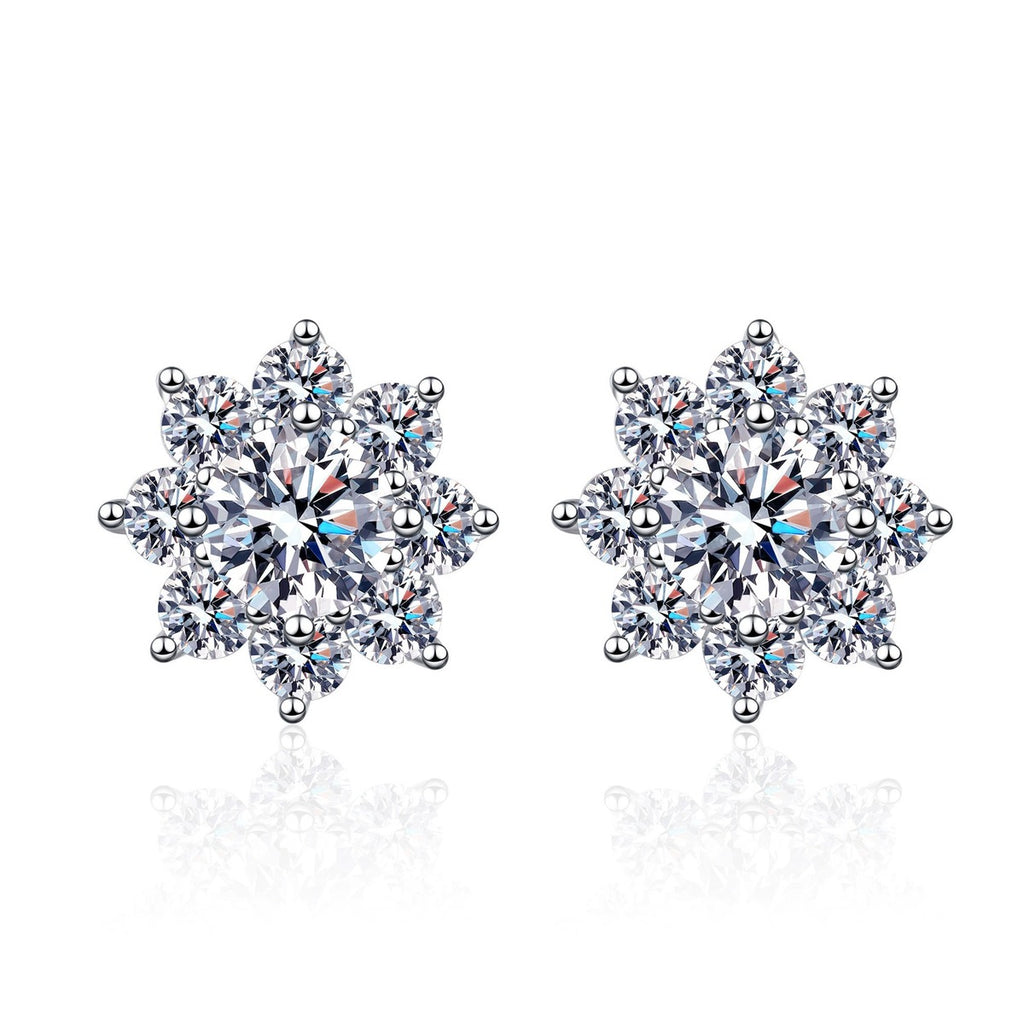 Floral Cluster Moissanite Stud Earrings with CZ in Rhodium-Plated S925 sterling silver white background product photo showing the pair, stone shape, and stud earrings silhouette