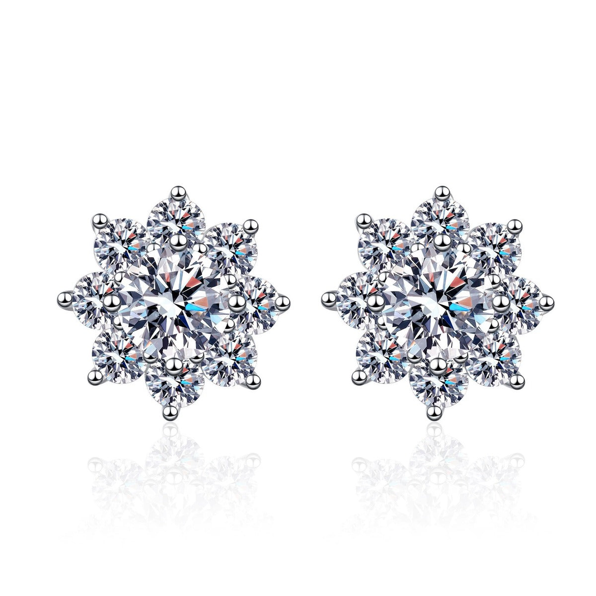 Floral Cluster Moissanite Stud Earrings with CZ in Rhodium-Plated S925 sterling silver white background product photo showing the pair, stone shape, and stud earrings silhouette