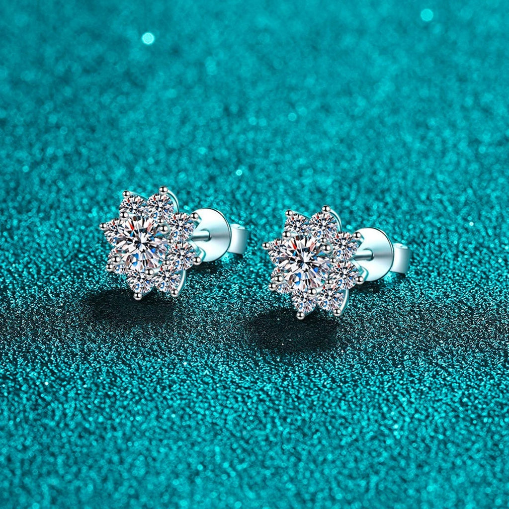 Floral Cluster Moissanite Stud Earrings with CZ in Rhodium-Plated S925 sterling silver product scene view showing front sparkle