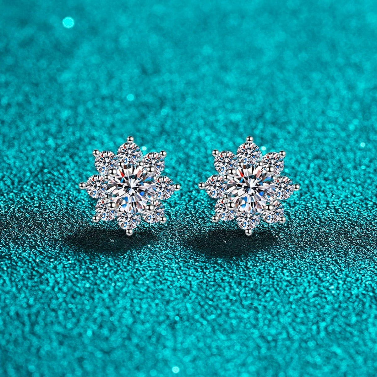 Floral Cluster Moissanite Stud Earrings with CZ in Rhodium-Plated S925 sterling silver product scene view showing angled setting detail