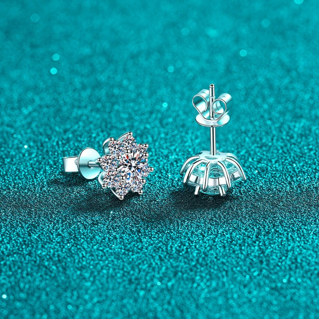 Floral Cluster Moissanite Stud Earrings with CZ in Rhodium-Plated S925 sterling silver product scene view showing side profile