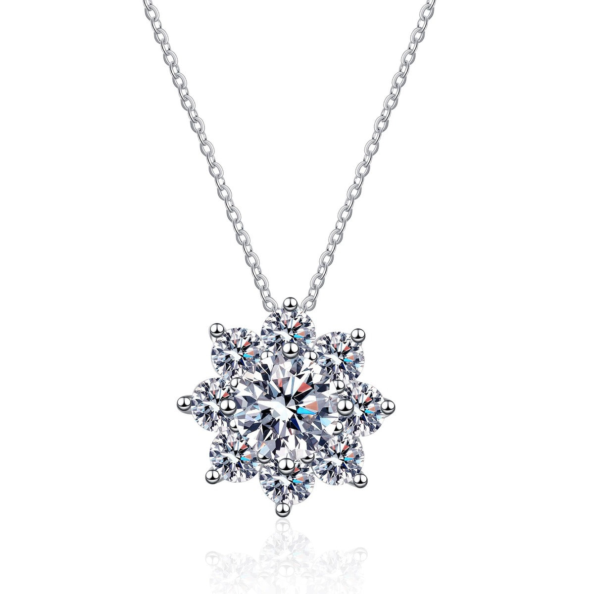 Sunflower Moissanite Pendant Necklace with CZ in Rhodium-Plated S925 sterling silver white background product photo showing sunflower-inspired pendant with a round moissanite center and CZ petals
