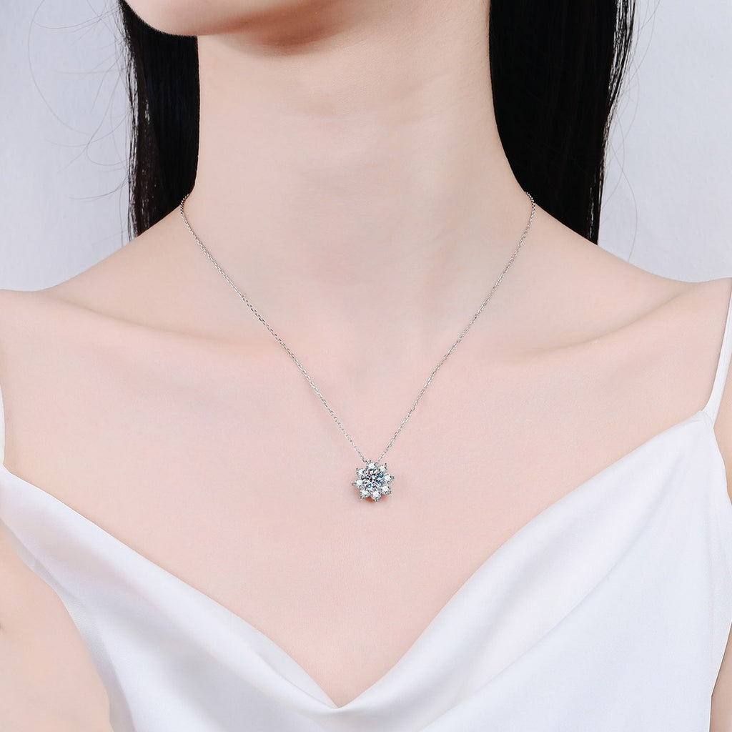 Sunflower Moissanite Pendant Necklace with CZ in Rhodium-Plated S925 sterling silver neckline model view showing pendant scale and adjustable chain