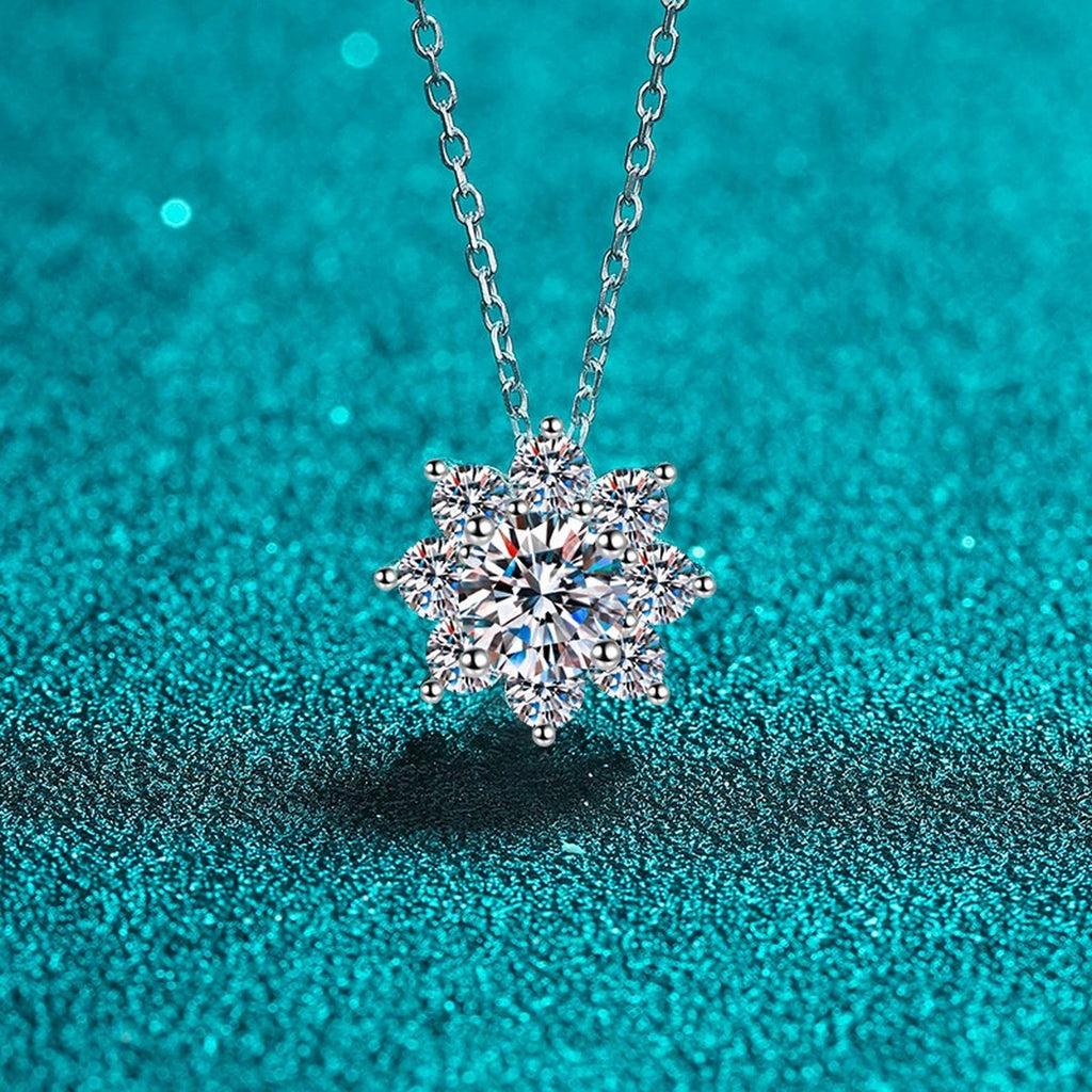 Sunflower Moissanite Pendant Necklace with CZ in Rhodium-Plated S925 sterling silver close-up product scene showing pendant setting