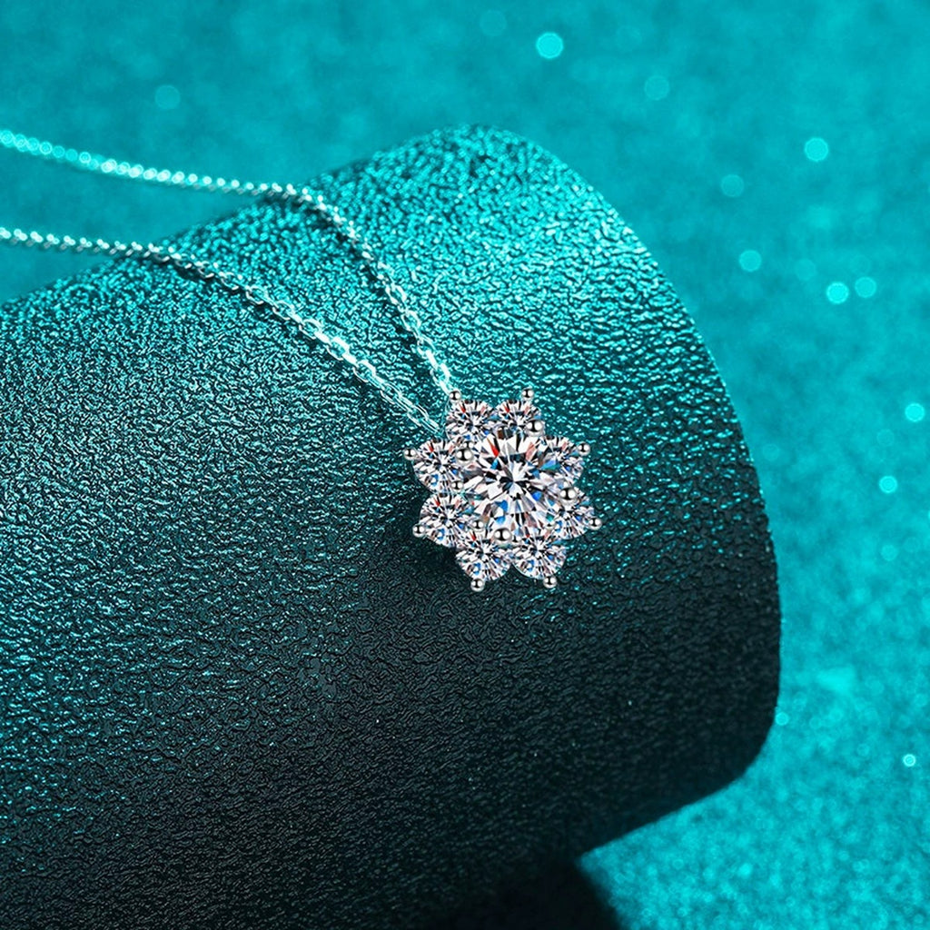Sunflower Moissanite Pendant Necklace with CZ in Rhodium-Plated S925 sterling silver blue display scene showing chain and stone layout