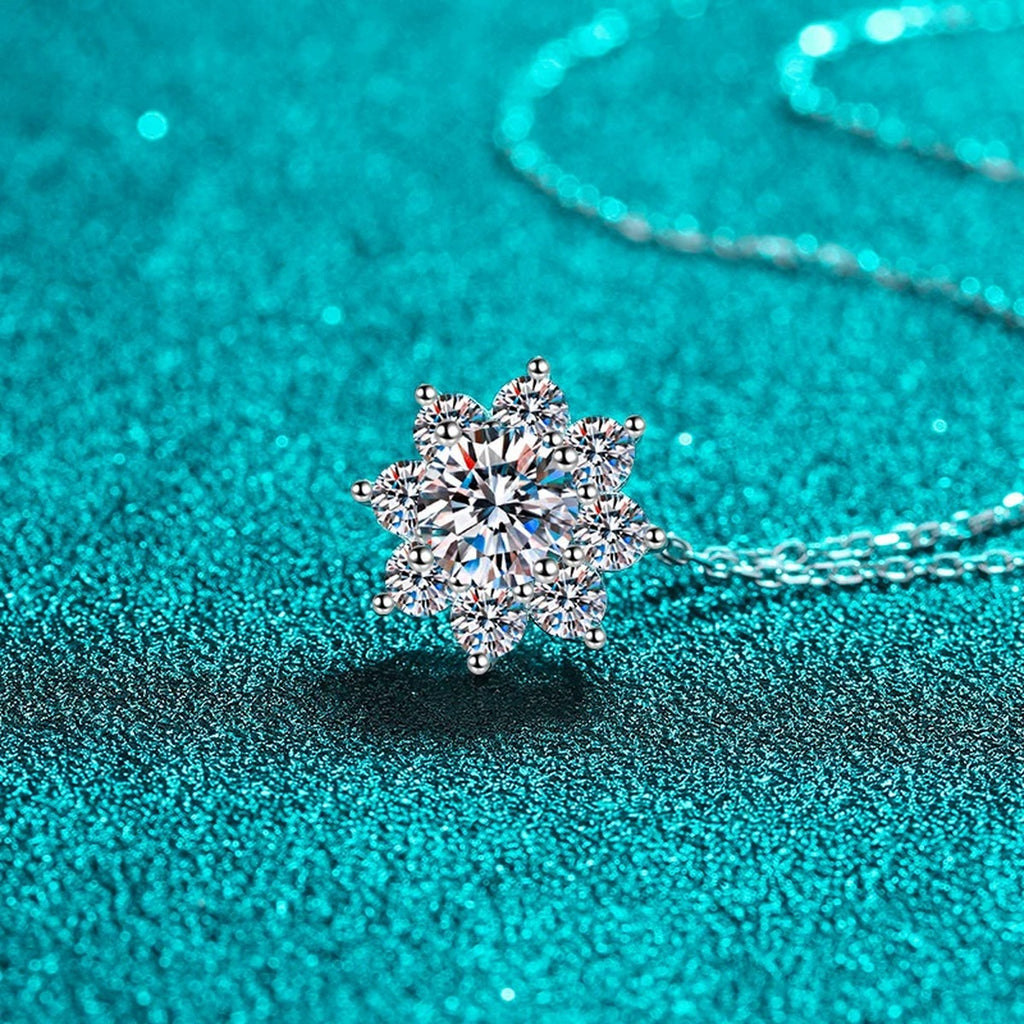 Sunflower Moissanite Pendant Necklace with CZ in Rhodium-Plated S925 sterling silver angled product detail view