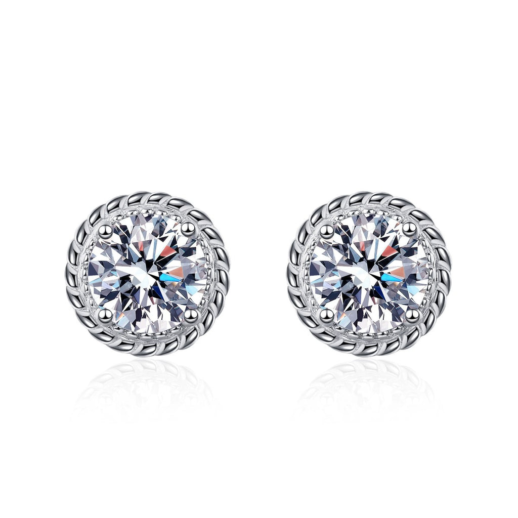 Halo Round Moissanite Stud Earrings in Rhodium-Plated S925 sterling silver white background product photo showing the pair, stone shape, and stud earrings silhouette