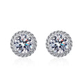 Halo Round Moissanite Stud Earrings in Rhodium-Plated S925 sterling silver white background product photo showing the pair, stone shape, and stud earrings silhouette