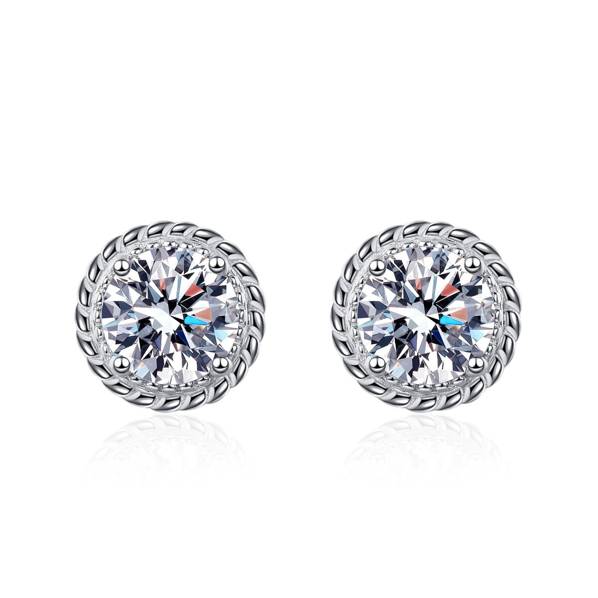 Halo Round Moissanite Stud Earrings in Rhodium-Plated S925 sterling silver white background product photo showing the pair, stone shape, and stud earrings silhouette