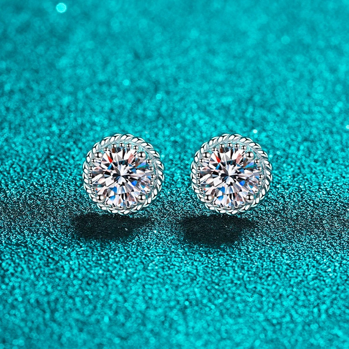 Halo Round Moissanite Stud Earrings in Rhodium-Plated S925 sterling silver product scene view showing front sparkle