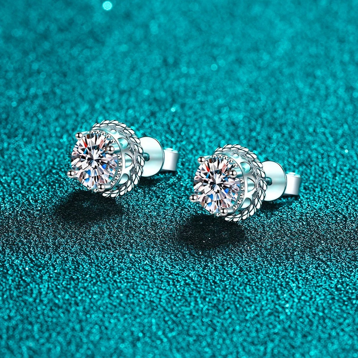 Halo Round Moissanite Stud Earrings in Rhodium-Plated S925 sterling silver product scene view showing angled setting detail