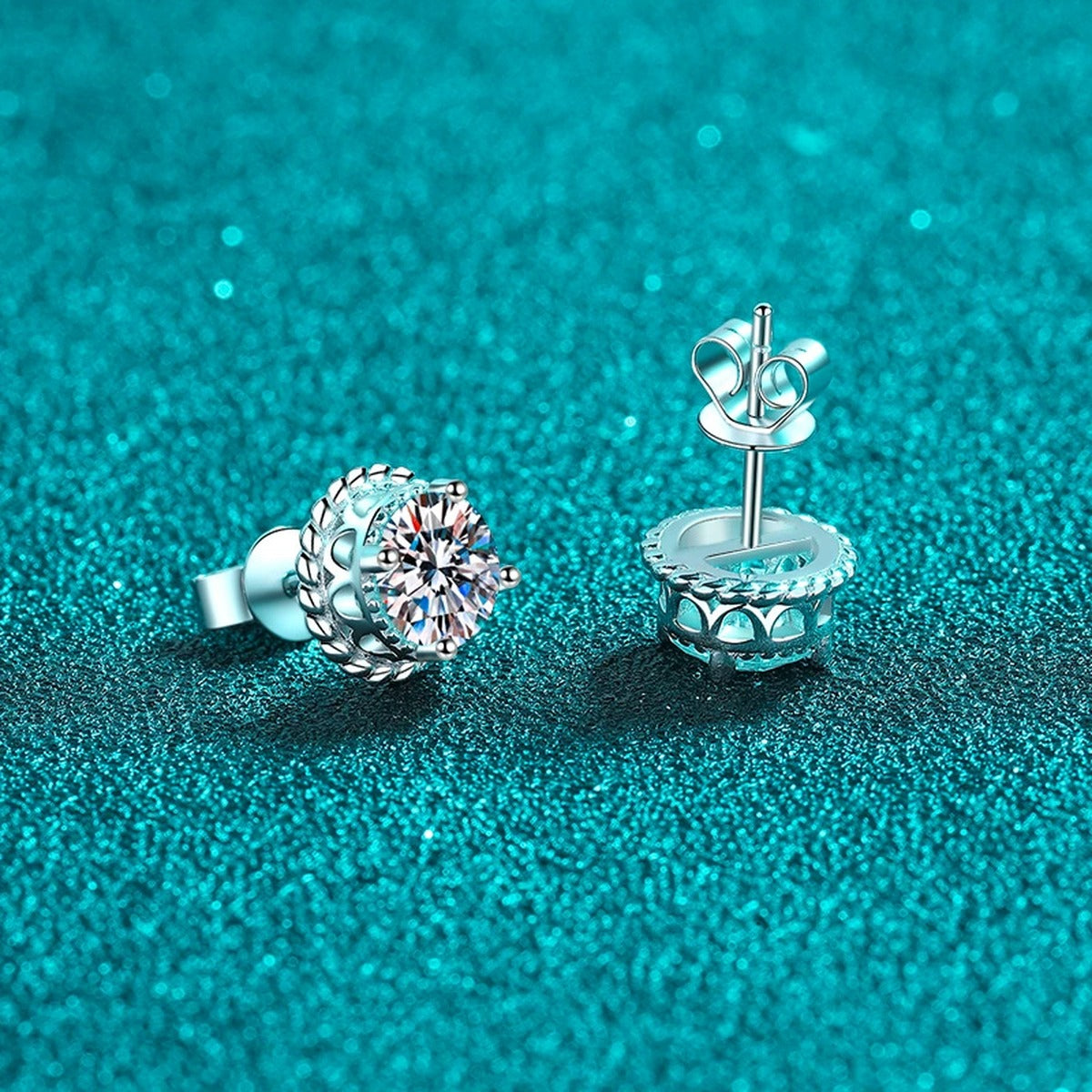 Halo Round Moissanite Stud Earrings in Rhodium-Plated S925 sterling silver product scene view showing side profile