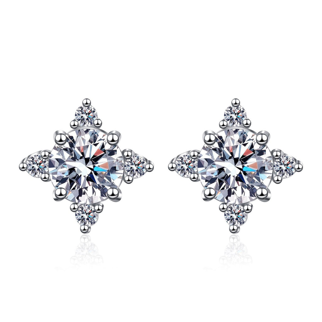 Star Cluster Moissanite Stud Earrings with CZ in Rhodium-Plated S925 sterling silver white background product photo showing the pair, stone shape, and stud earrings silhouette