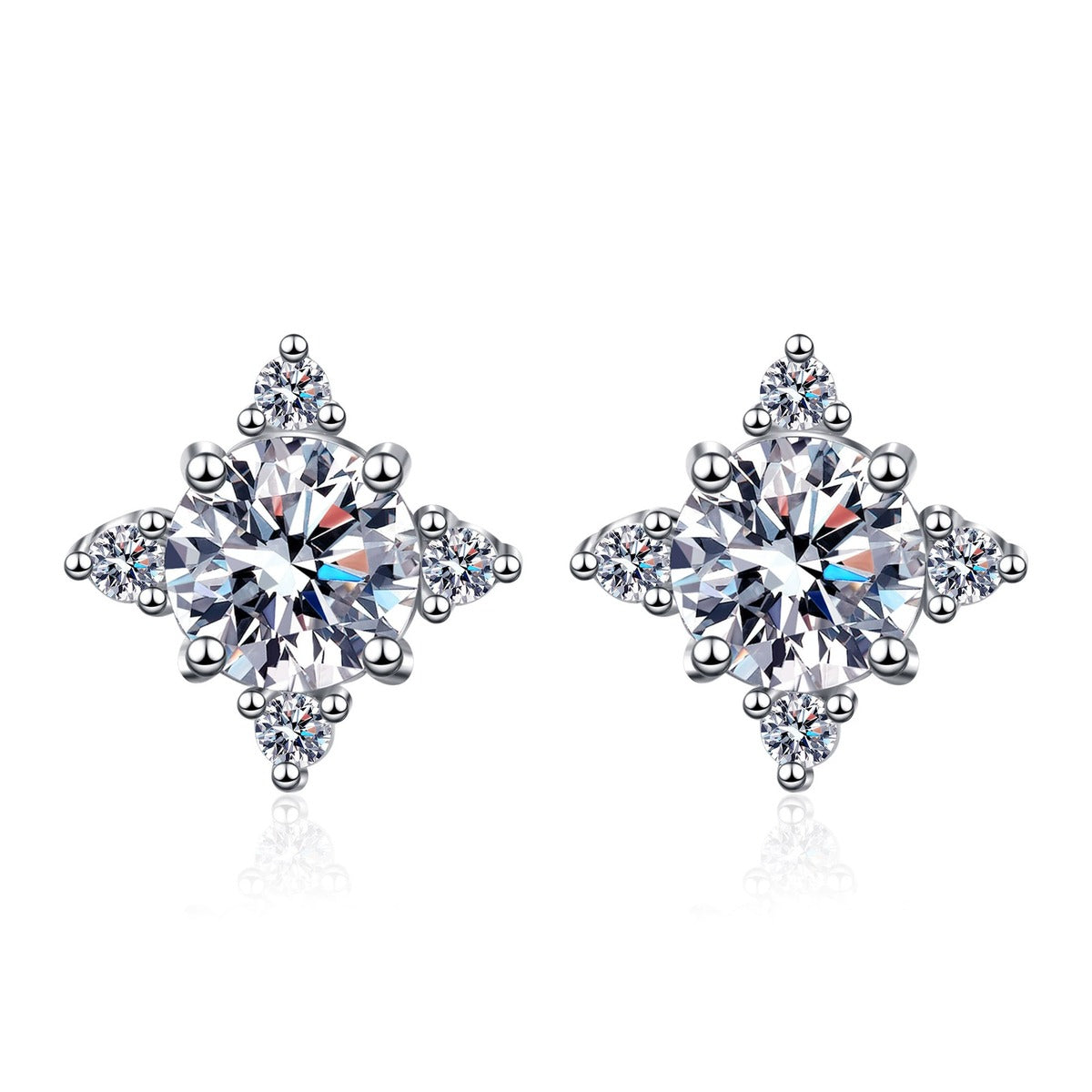 Star Cluster Moissanite Stud Earrings with CZ in Rhodium-Plated S925 sterling silver white background product photo showing the pair, stone shape, and stud earrings silhouette