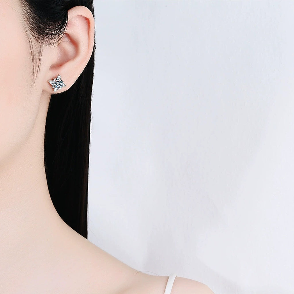 Star Cluster Moissanite Stud Earrings with CZ in Rhodium-Plated S925 sterling silver worn on ear by model showing scale, placement, and stud earrings styling
