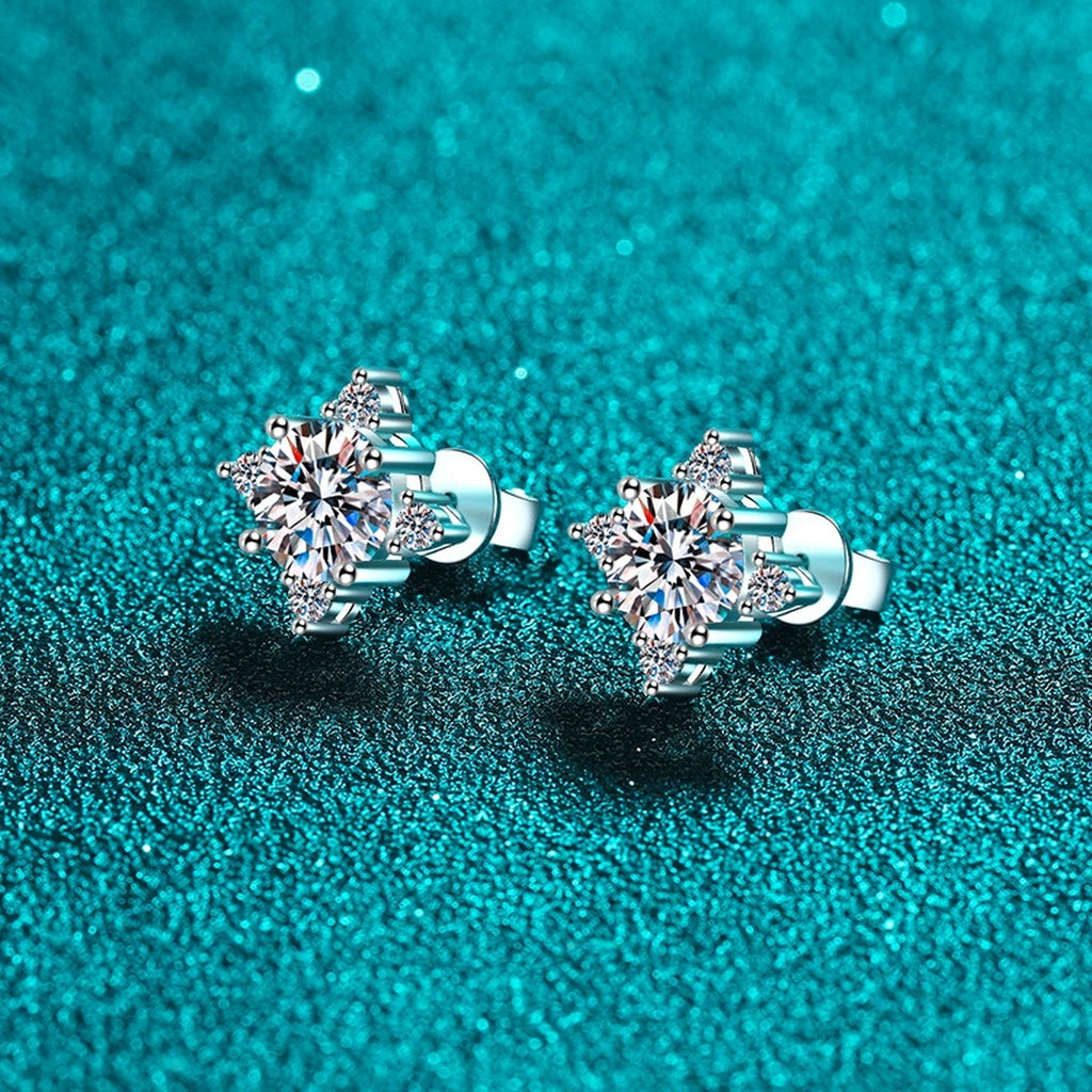 Star Cluster Moissanite Stud Earrings with CZ in Rhodium-Plated S925 sterling silver product scene view showing front sparkle