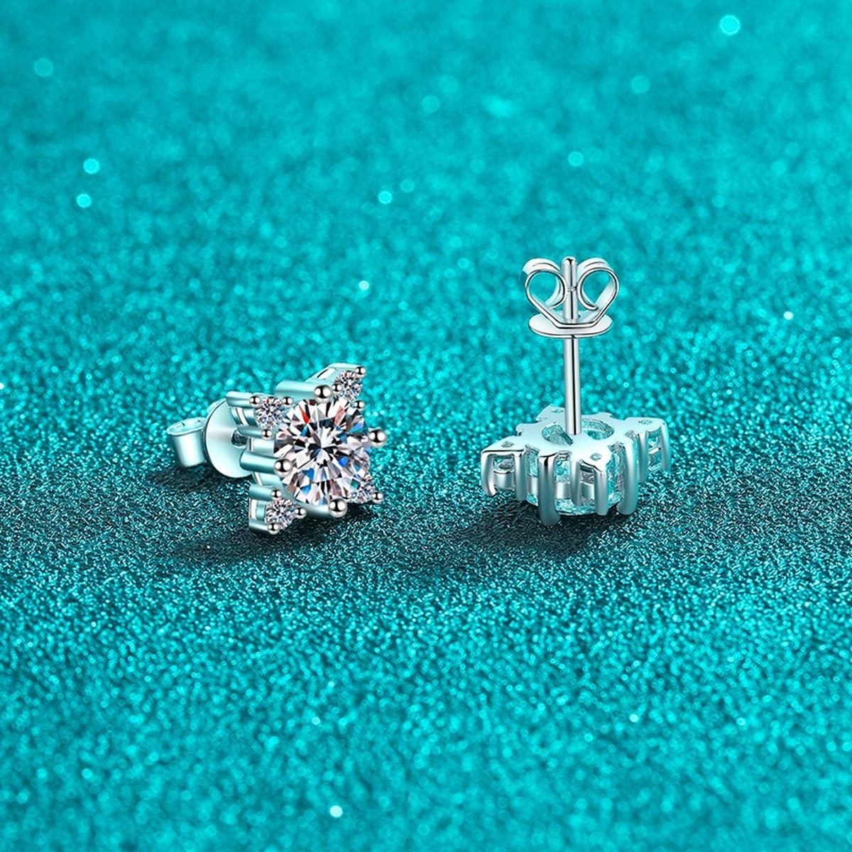 Star Cluster Moissanite Stud Earrings with CZ in Rhodium-Plated S925 sterling silver product scene view showing angled setting detail