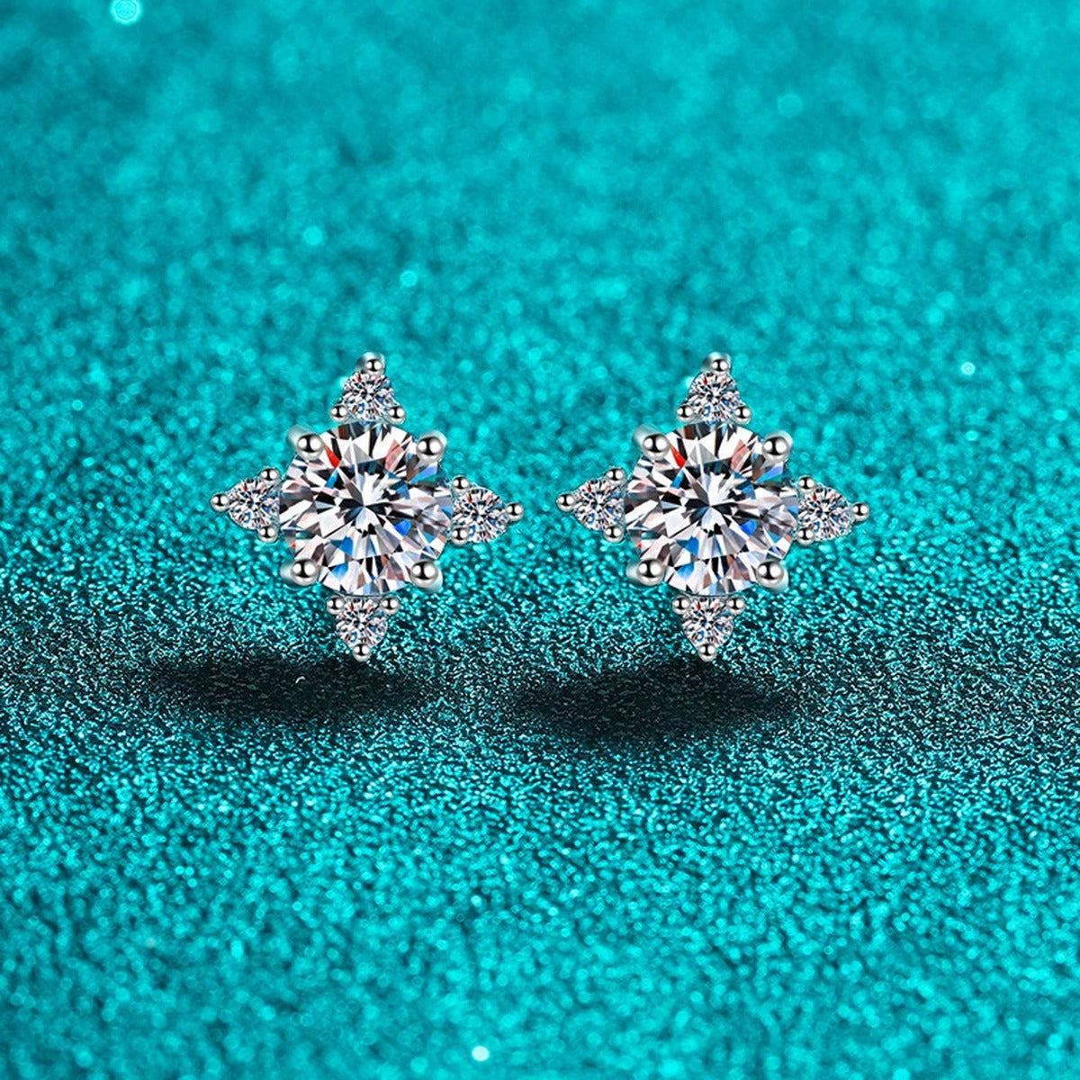 Star Cluster Moissanite Stud Earrings with CZ in Rhodium-Plated S925 sterling silver product scene view showing side profile