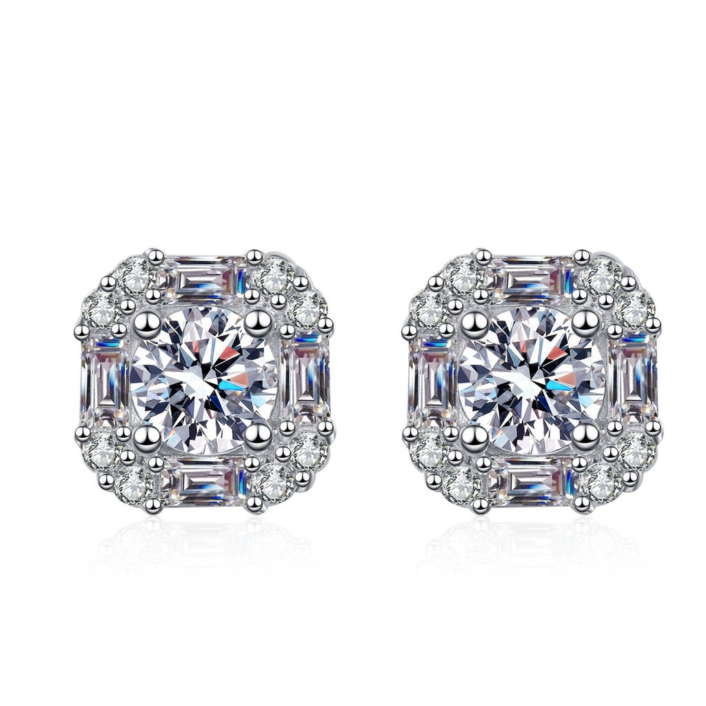 Octagon Halo Moissanite Stud Earrings in Rhodium-Plated S925 sterling silver white background product photo showing the pair, stone shape, and stud earrings silhouette