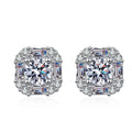 Octagon Halo Moissanite Stud Earrings in Rhodium-Plated S925 sterling silver white background product photo showing the pair, stone shape, and stud earrings silhouette
