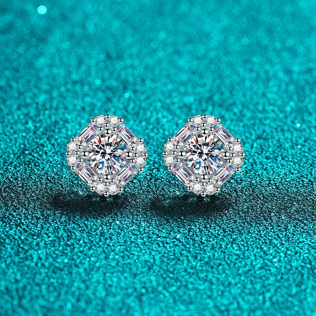 Octagon Halo Moissanite Stud Earrings in Rhodium-Plated S925 sterling silver product scene view showing front sparkle
