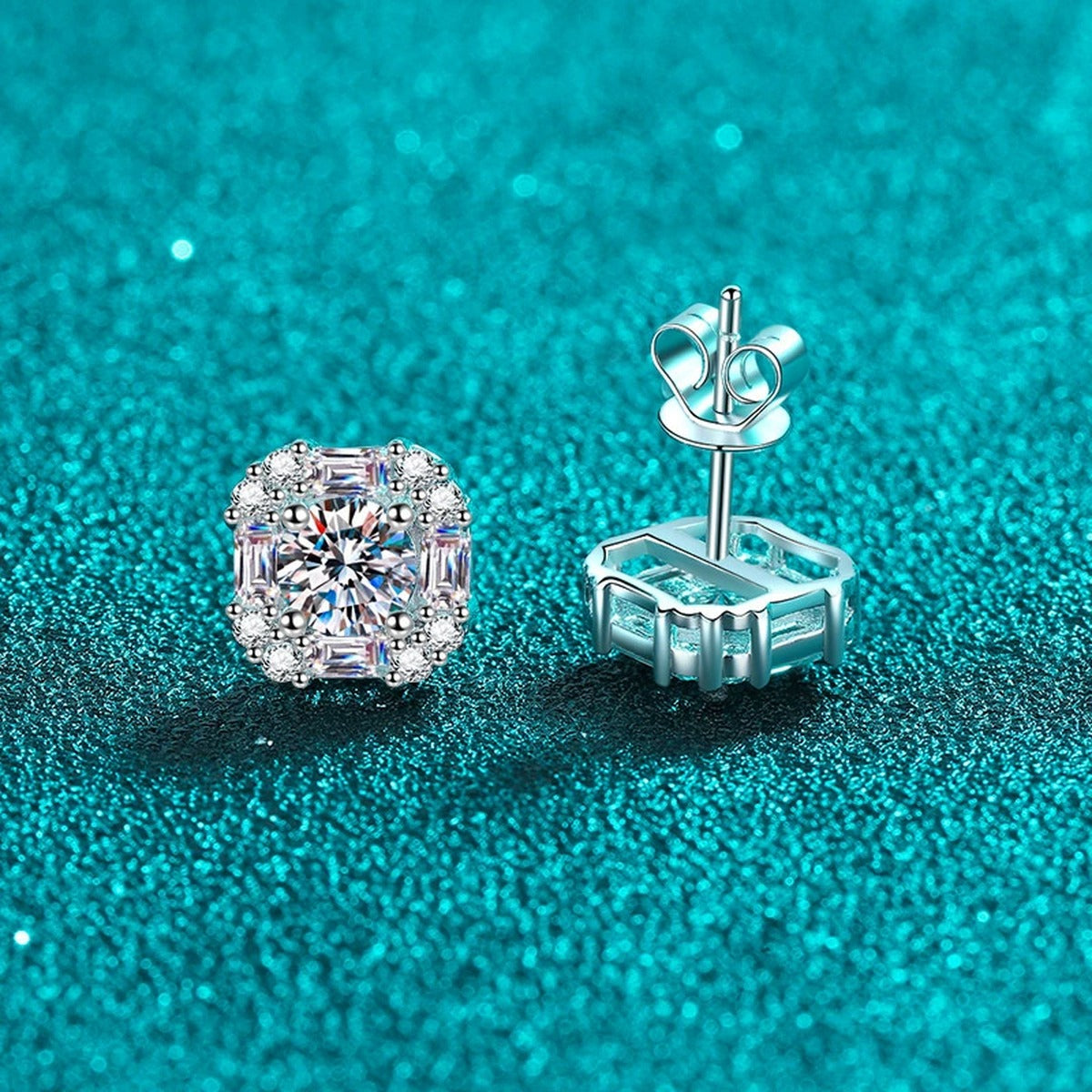 Octagon Halo Moissanite Stud Earrings in Rhodium-Plated S925 sterling silver product scene view showing angled setting detail